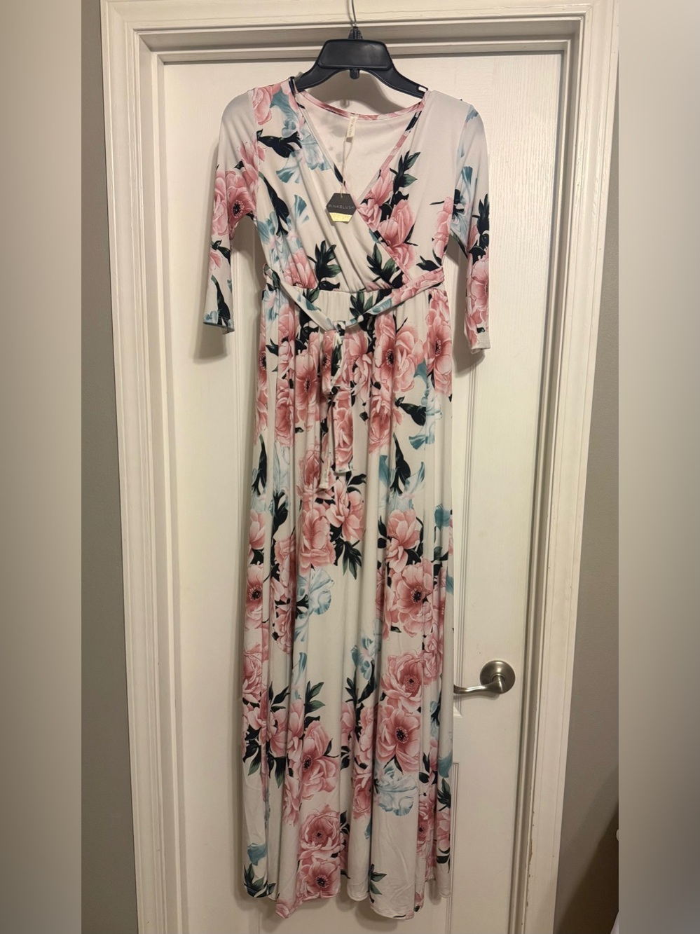 Pinkblush maternity White Floral Wrap Maxi Dress with Pink Roses